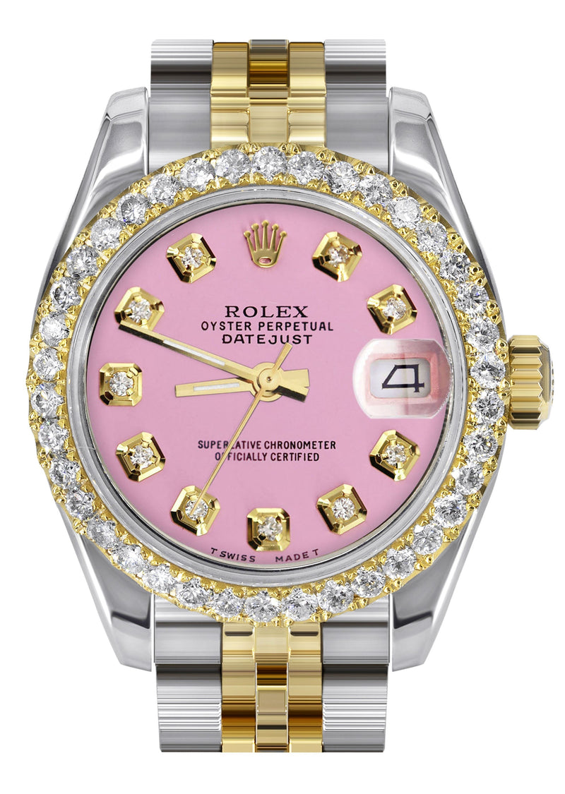 Womens Diamond Gold Hidden Clasp Rolex Watch | 1 Carat Bezel | 26Mm | Pink Dial | Jubilee Band | Model 179173