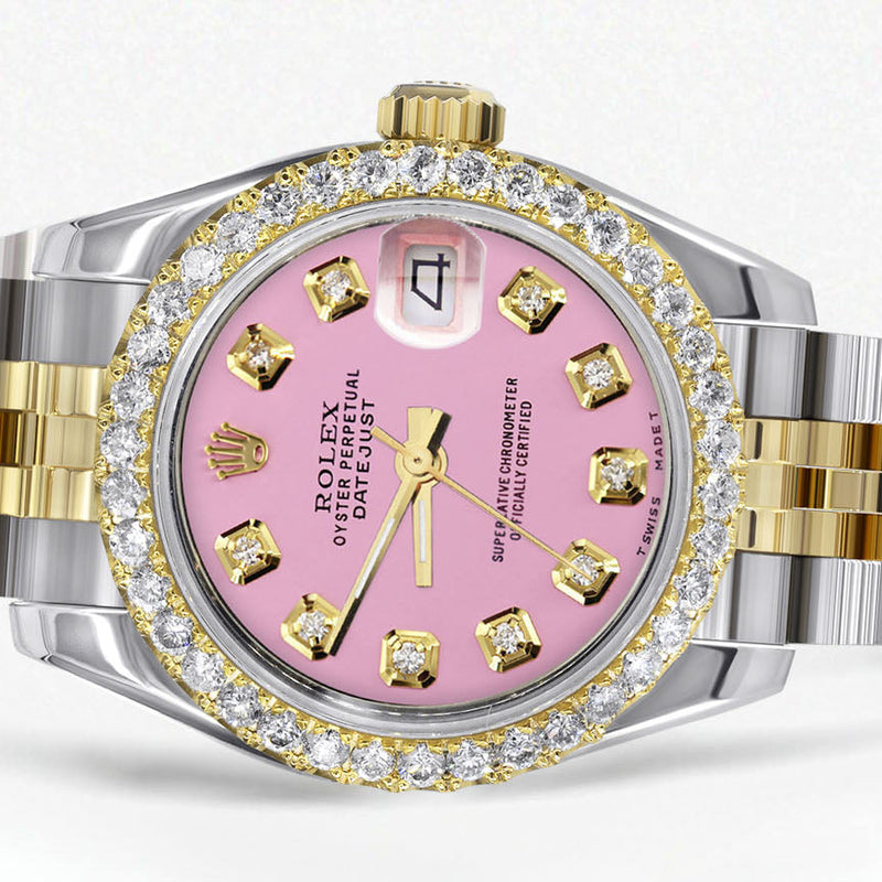 Womens Diamond Gold Hidden Clasp Rolex Watch | 1 Carat Bezel | 26Mm | Pink Dial | Jubilee Band | Model 179173