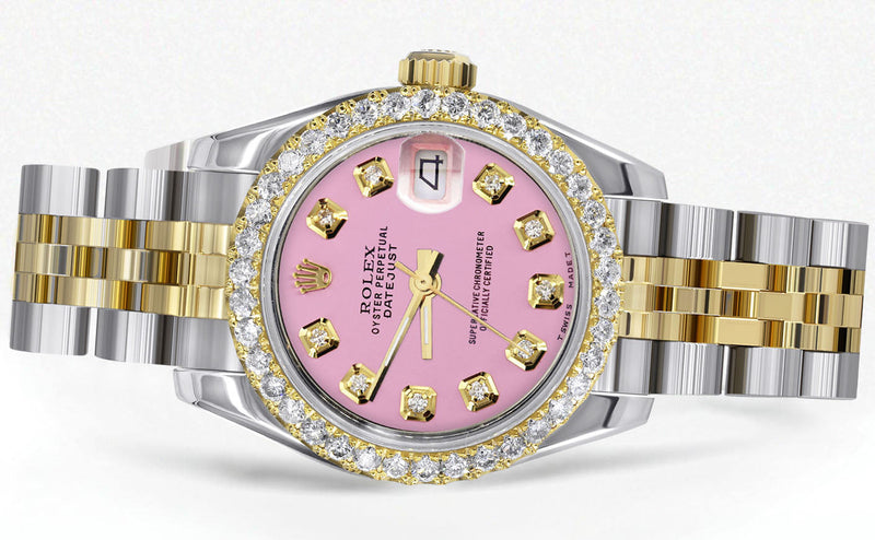 Womens Diamond Gold Hidden Clasp Rolex Watch | 1 Carat Bezel | 26Mm | Pink Dial | Jubilee Band | Model 179173