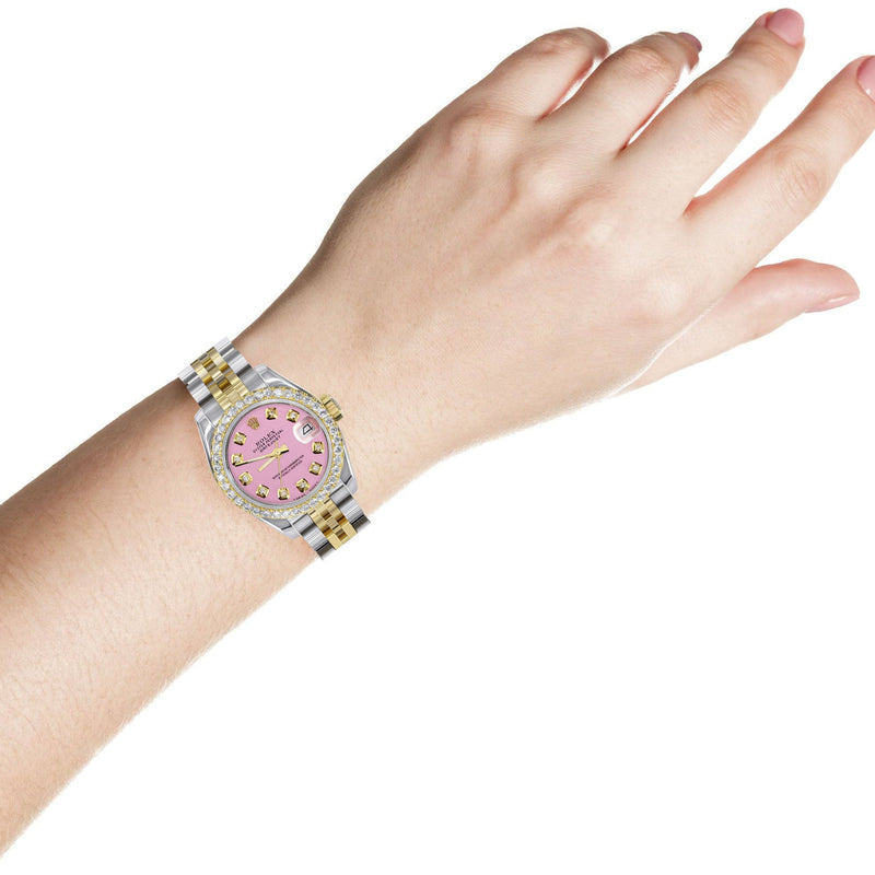 Womens Diamond Gold Hidden Clasp Rolex Watch | 1 Carat Bezel | 26Mm | Pink Dial | Jubilee Band | Model 179173