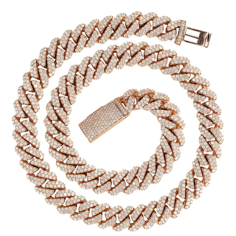 Rose Gold Iced Out Lab Grown VVS Diamond Prong Cuban Link Chain 10K/14K