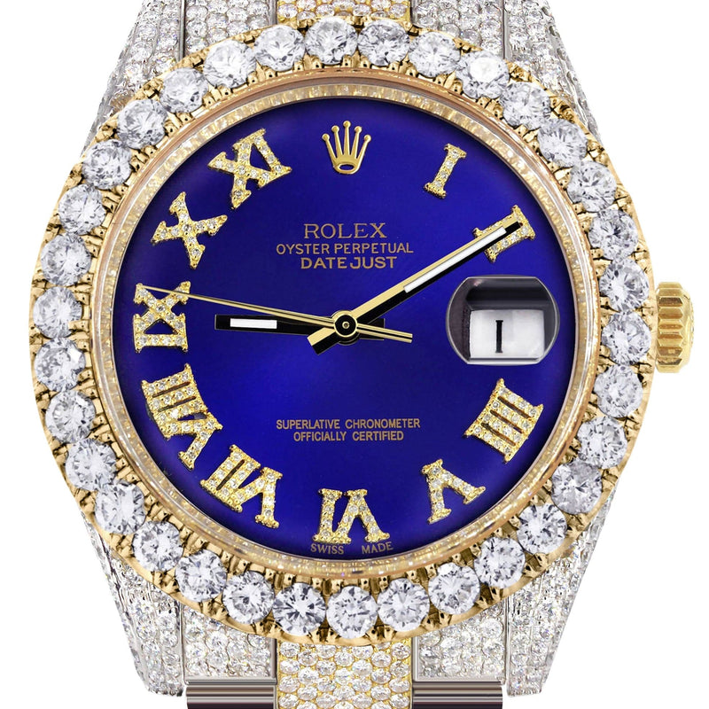 Diamond Iced Out Rolex Datejust 41 | 25 Carats Of Diamonds | Custom Royal Blue Roman Numeral Diamond Dial | Two Tone | Oyster Band