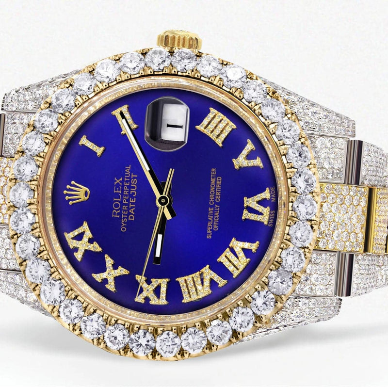 Diamond Iced Out Rolex Datejust 41 | 25 Carats Of Diamonds | Custom Royal Blue Roman Numeral Diamond Dial | Two Tone | Oyster Band
