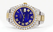 Diamond Iced Out Rolex Datejust 41 | 25 Carats Of Diamonds | Custom Royal Blue Roman Numeral Diamond Dial | Two Tone | Oyster Band