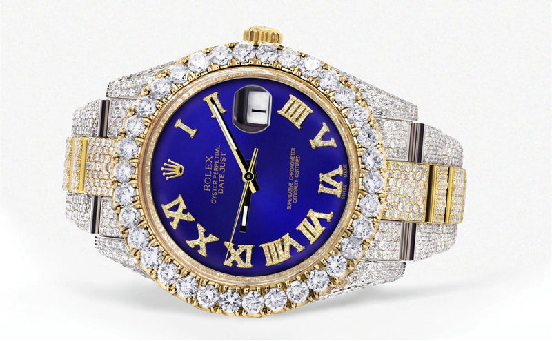 Diamond Iced Out Rolex Datejust 41 | 25 Carats Of Diamonds | Custom Royal Blue Roman Numeral Diamond Dial | Two Tone | Oyster Band