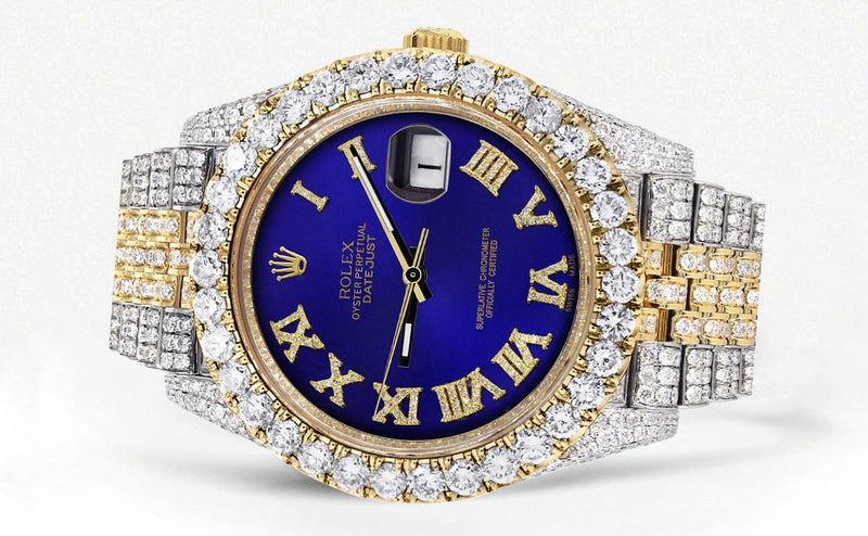 Diamond Iced Out Rolex Datejust 41 | 25 Carats Of Diamonds | Custom Royal Blue Roman Numeral Diamond Dial | Two Tone | Jubilee Band
