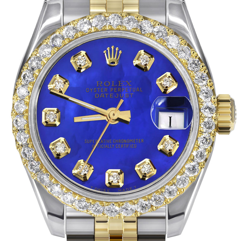 Womens Diamond Gold Hidden Clasp Rolex Watch | 1 Carat Bezel | 26Mm | Blue Mother of Pearl Dial | Jubilee Band | Model 179173