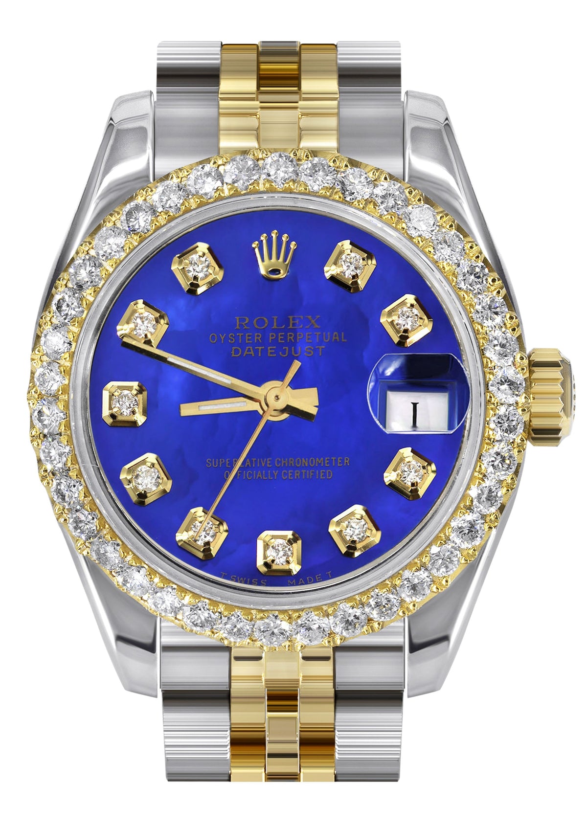 Womens Diamond Gold Hidden Clasp Rolex Watch | 1 Carat Bezel | 26Mm | Blue Mother of Pearl Dial | Jubilee Band | Model 179173