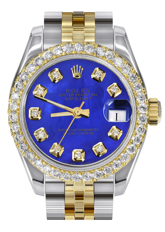 Womens Diamond Gold Hidden Clasp Rolex Watch | 1 Carat Bezel | 26Mm | Blue Mother of Pearl Dial | Jubilee Band | Model 179173