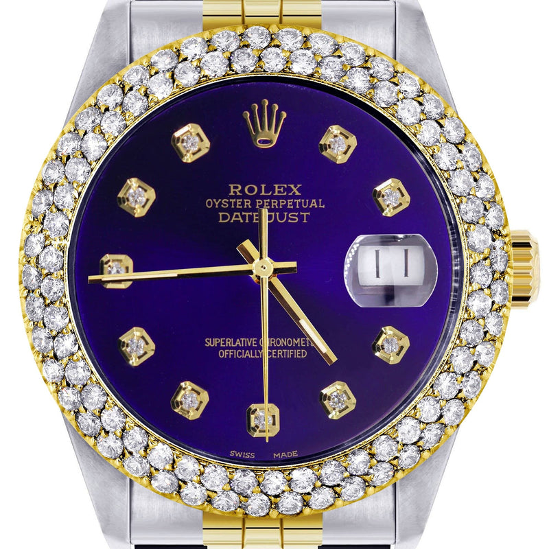 Diamond Gold Rolex Watch For Men 16233 | 36Mm | Royal Blue Dial | Two Row 4.25 Carat Bezel | Jubilee Band