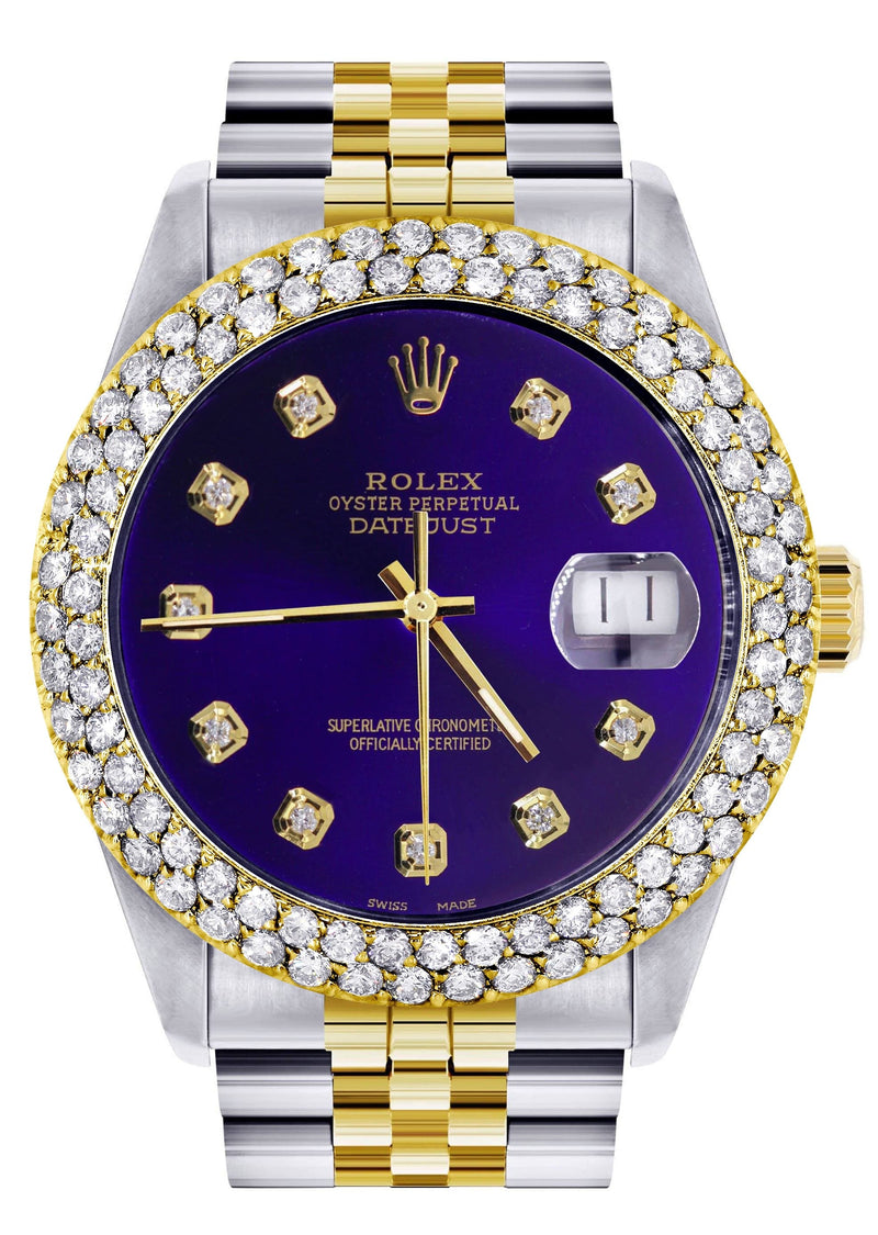 Diamond Gold Rolex Watch For Men 16233 | 36Mm | Royal Blue Dial | Two Row 4.25 Carat Bezel | Jubilee Band