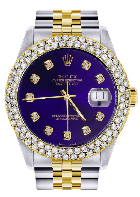 Diamond Gold Rolex Watch For Men 16233 | 36Mm | Royal Blue Dial | Two Row 4.25 Carat Bezel | Jubilee Band