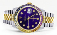 Diamond Gold Rolex Watch For Men 16233 | 36Mm | Rainbow Sapphire Bezel | Royal Blue Dial | Jubilee Band