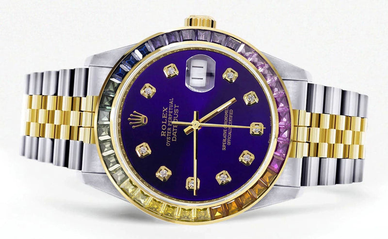 Diamond Gold Rolex Watch For Men 16233 | 36Mm | Rainbow Sapphire Bezel | Royal Blue Dial | Jubilee Band