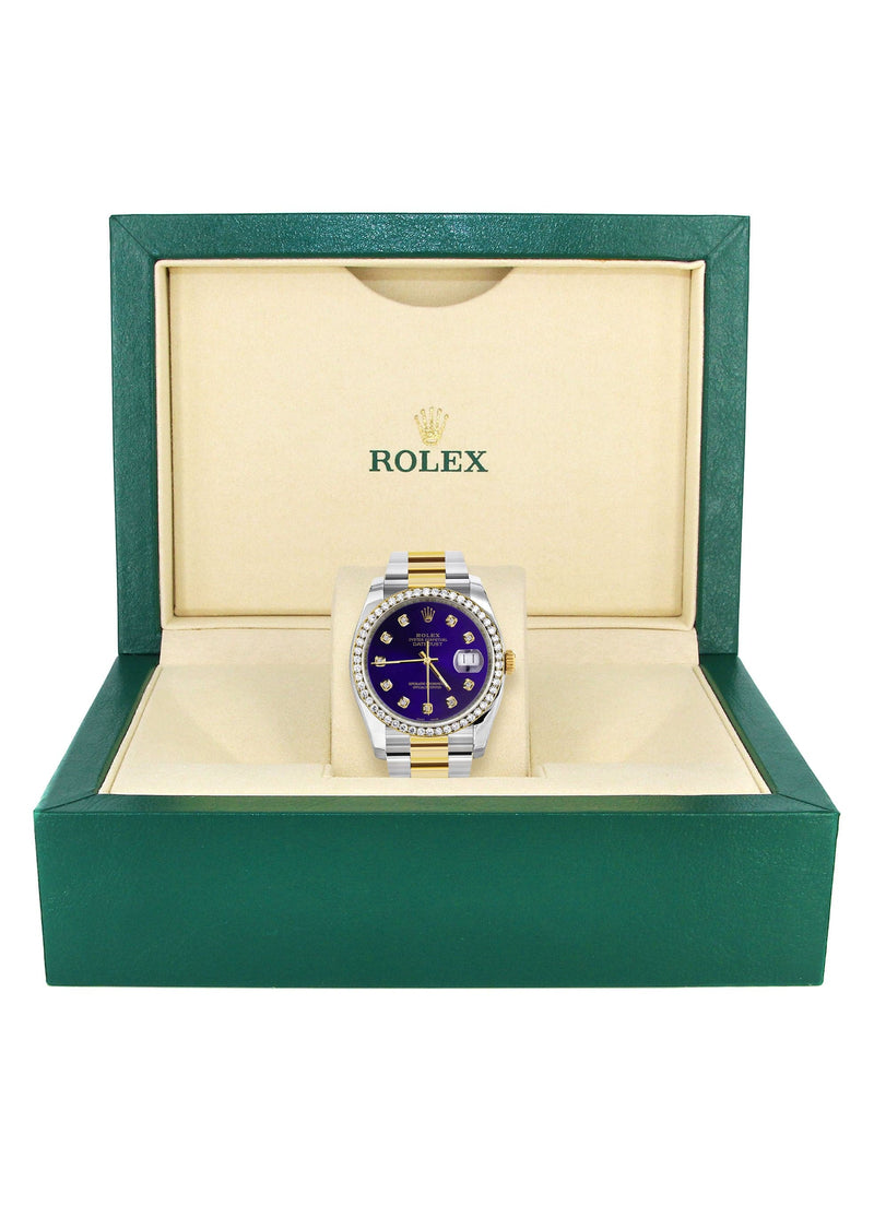 116233 | Diamond Gold Rolex Watch For Men | 36Mm | Royal Blue Dial | Oyster Band