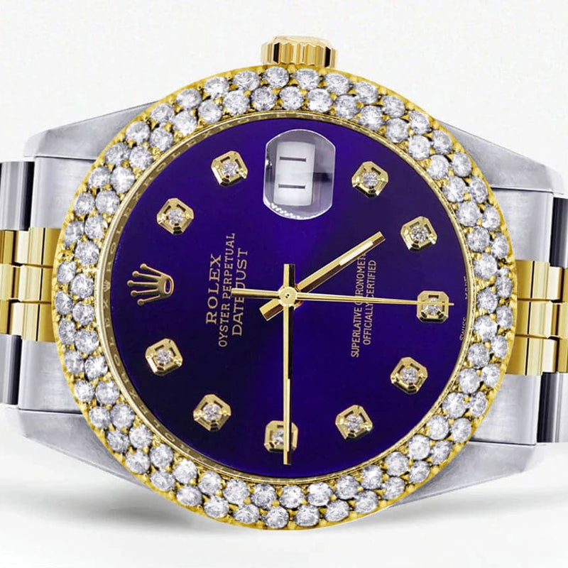 Diamond Gold Rolex Watch For Women 16233 | 36Mm | Royal Blue Dial | Two Row 4.25 Carat Bezel | Jubilee Band