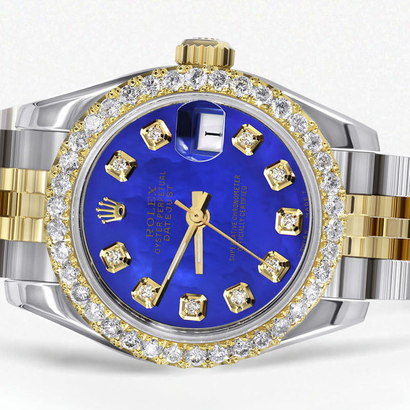 Womens Diamond Gold Hidden Clasp Rolex Watch | 1 Carat Bezel | 26Mm | Blue Mother of Pearl Dial | Jubilee Band | Model 179173