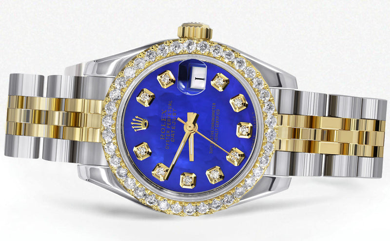 Womens Diamond Gold Hidden Clasp Rolex Watch | 1 Carat Bezel | 26Mm | Blue Mother of Pearl Dial | Jubilee Band | Model 179173