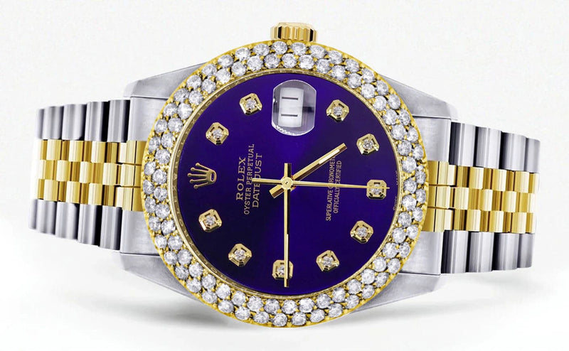 Diamond Gold Rolex Watch For Men 16233 | 36Mm | Royal Blue Dial | Two Row 4.25 Carat Bezel | Jubilee Band