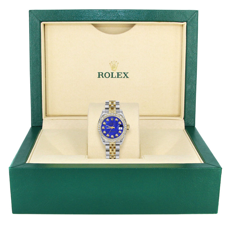 Womens Diamond Gold Hidden Clasp Rolex Watch | 1 Carat Bezel | 26Mm | Blue Mother of Pearl Dial | Jubilee Band | Model 179173