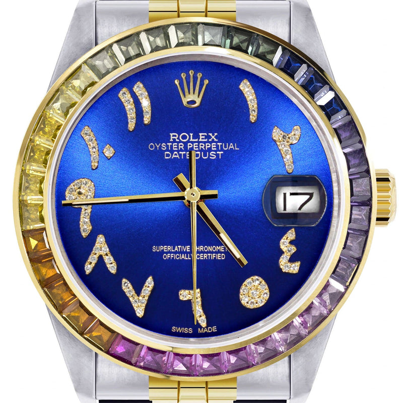 Diamond Gold Rolex Watch For Men 16233 | 36Mm | Rainbow Sapphire Bezel | Diamond Blue Arabic Numeral Dial | Jubilee Band