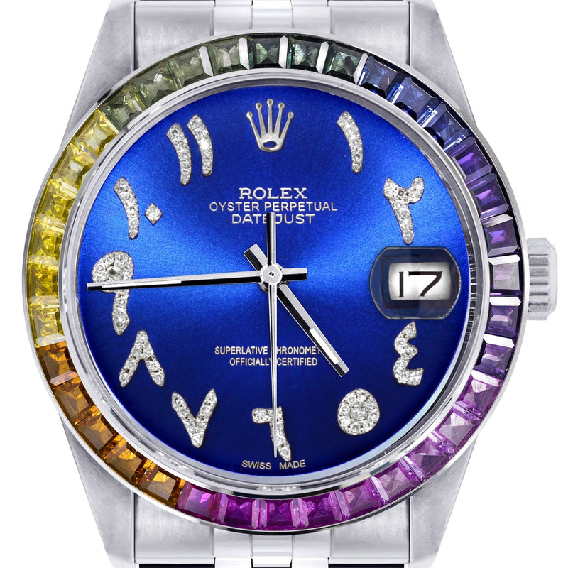 Diamond Gold Rolex Watch For Men 16200 | 36Mm | Rainbow Sapphire Bezel | Blue Arabic Numeral Dial | Jubilee Band