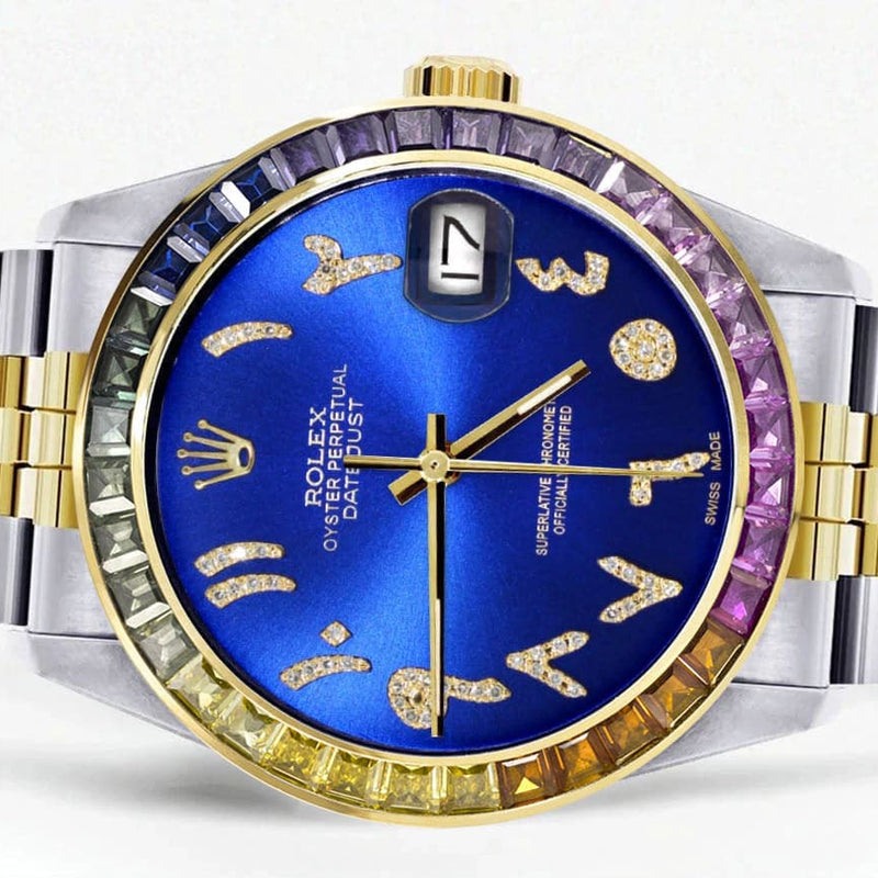 Diamond Gold Rolex Watch For Men 16233 | 36Mm | Rainbow Sapphire Bezel | Diamond Blue Arabic Numeral Dial | Jubilee Band
