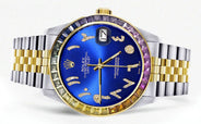 Diamond Gold Rolex Watch For Men 16233 | 36Mm | Rainbow Sapphire Bezel | Diamond Blue Arabic Numeral Dial | Jubilee Band