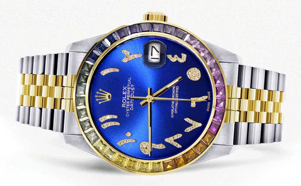 Diamond Gold Rolex Watch For Men 16233 | 36Mm | Rainbow Sapphire Bezel | Diamond Blue Arabic Numeral Dial | Jubilee Band