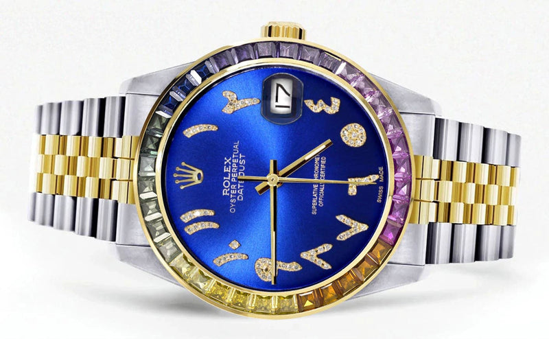 Diamond Gold Rolex Watch For Men 16233 | 36Mm | Rainbow Sapphire Bezel | Diamond Blue Arabic Numeral Dial | Jubilee Band