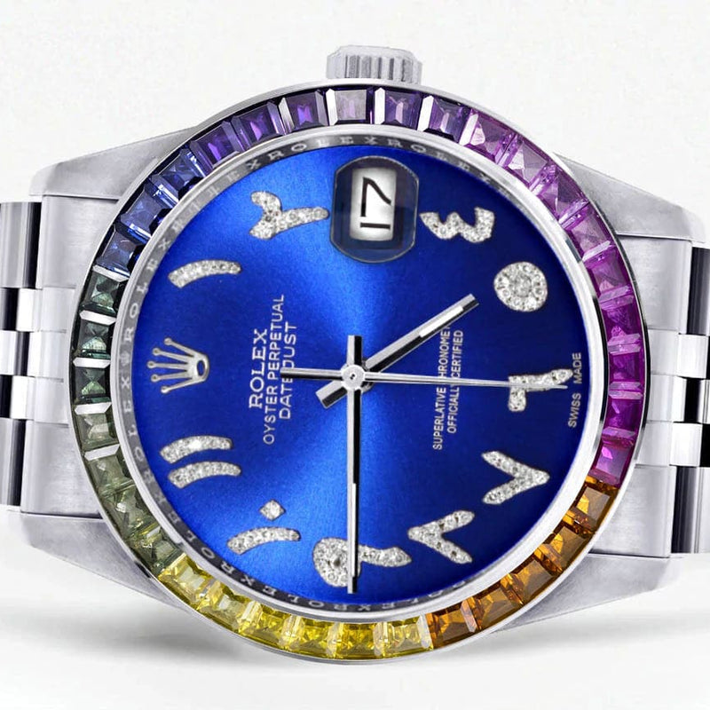Diamond Gold Rolex Watch For Men 16200 | 36Mm | Rainbow Sapphire Bezel | Blue Arabic Numeral Dial | Jubilee Band