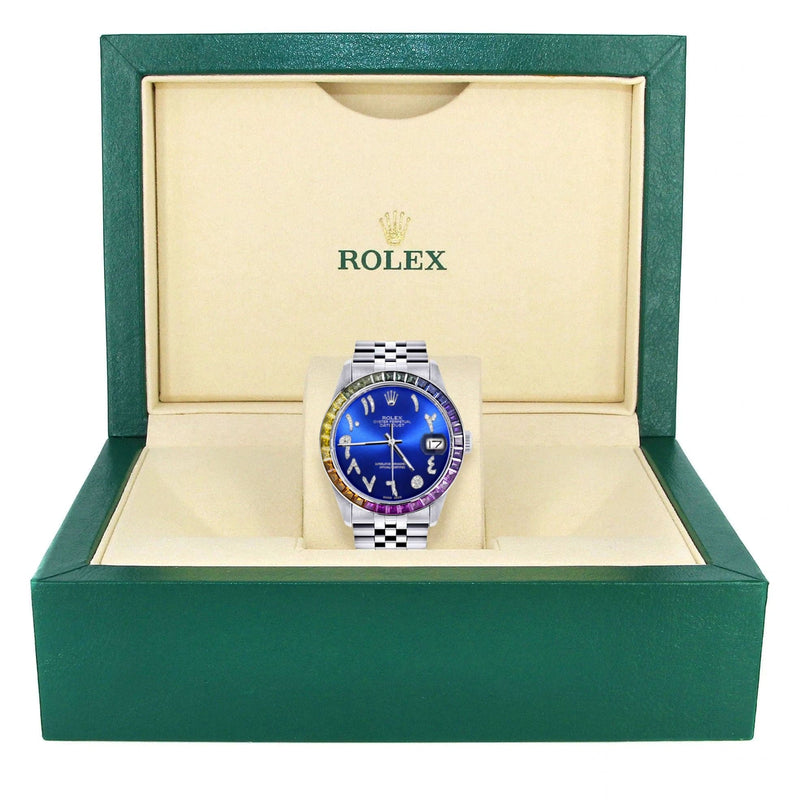 Diamond Gold Rolex Watch For Men 16200 | 36Mm | Rainbow Sapphire Bezel | Blue Arabic Numeral Dial | Jubilee Band