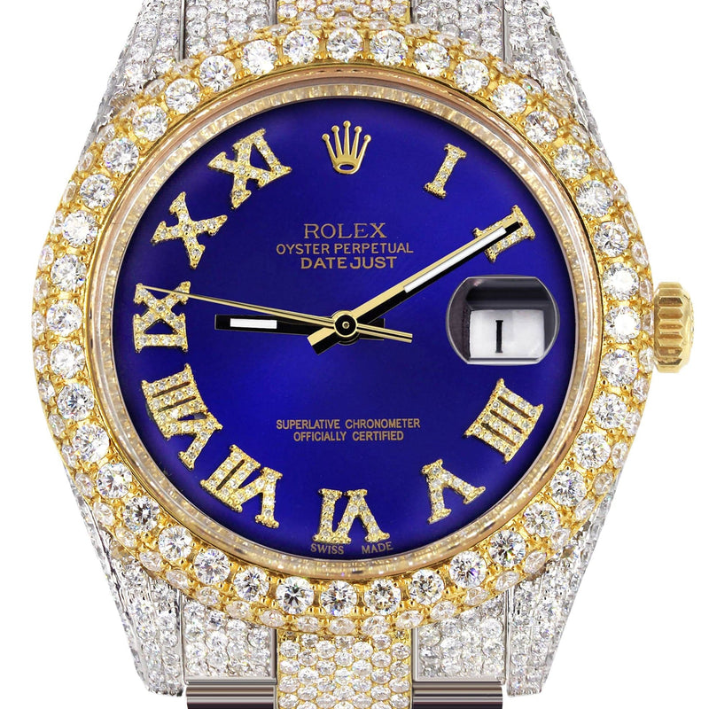 Diamond Iced Out Rolex Datejust 41 | 25 Carats Of Diamonds | Custom Royal Blue Roman Numeral Diamond Dial | Two Tone | Two Row | Oyster Band