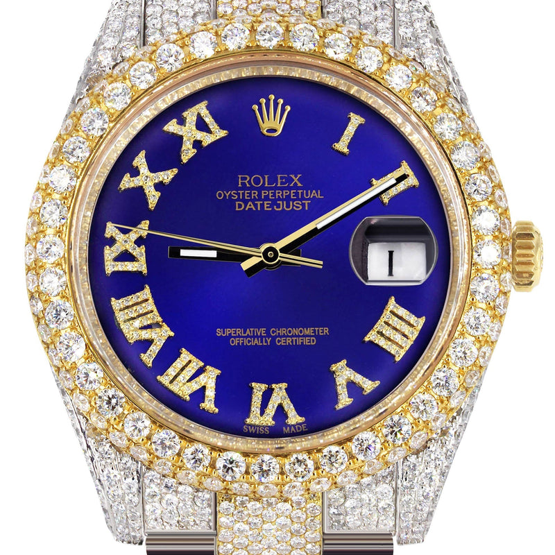 Womens Diamond Iced Out Rolex Datejust 41 | 25 Carats Of Diamonds | Custom Royal Blue Roman Numeral Diamond Dial | Two Tone | Two Row | Oyster Band
