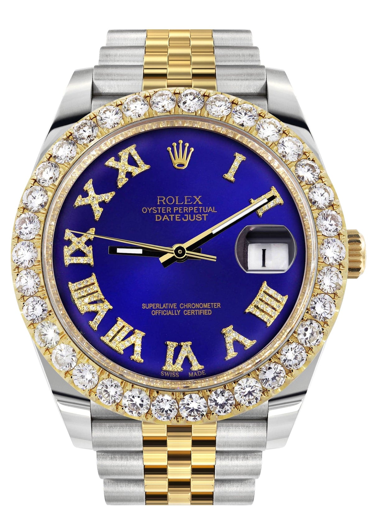 Rolex Datejust 41 Watch | 41 MM | 18K Yellow Gold & Stainless Steel | Custom Royal Blue Roman Dial | Jubilee Band