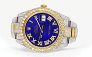 Diamond Iced Out Rolex Datejust 41 | 25 Carats Of Diamonds | Custom Royal Blue Roman Numeral Diamond Dial | Two Tone | Two Row | Oyster Band