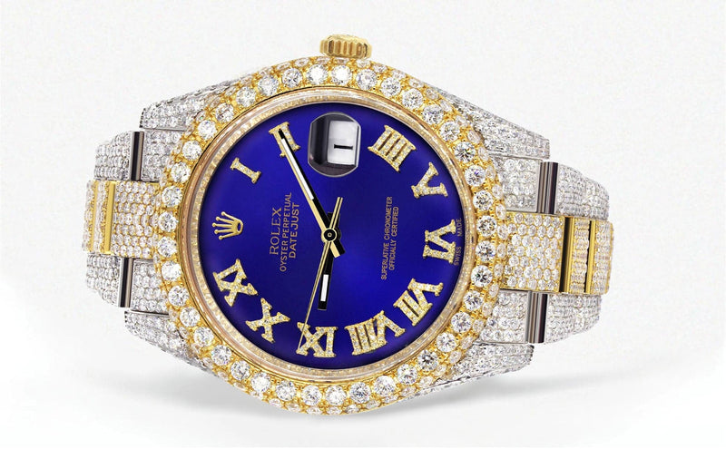 Diamond Iced Out Rolex Datejust 41 | 25 Carats Of Diamonds | Custom Royal Blue Roman Numeral Diamond Dial | Two Tone | Two Row | Oyster Band