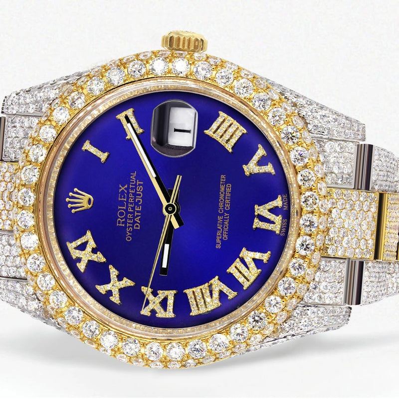 Womens Diamond Iced Out Rolex Datejust 41 | 25 Carats Of Diamonds | Custom Royal Blue Roman Numeral Diamond Dial | Two Tone | Two Row | Oyster Band