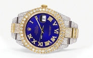Womens Diamond Iced Out Rolex Datejust 41 | 25 Carats Of Diamonds | Custom Royal Blue Roman Numeral Diamond Dial | Two Tone | Two Row | Oyster Band