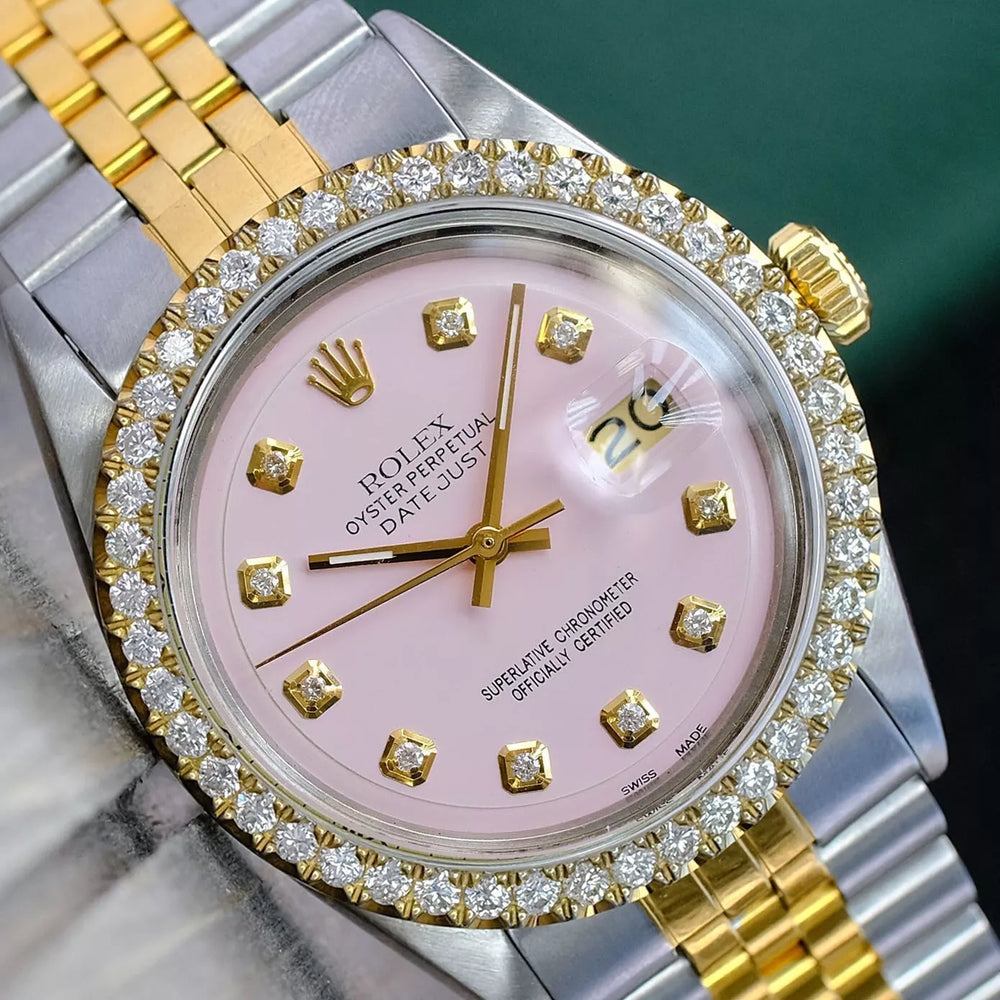 Rolex Datejust Watch | 36MM | Pink  Diamond Dial 3ct Diamond bezel  | Jubilee Band