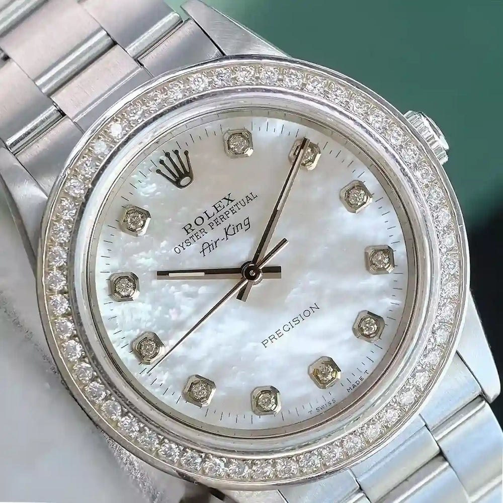 Rolex Air-King Watch  | 34MM | Mop Diamond Dial Diamond Bezel | Oyster Band