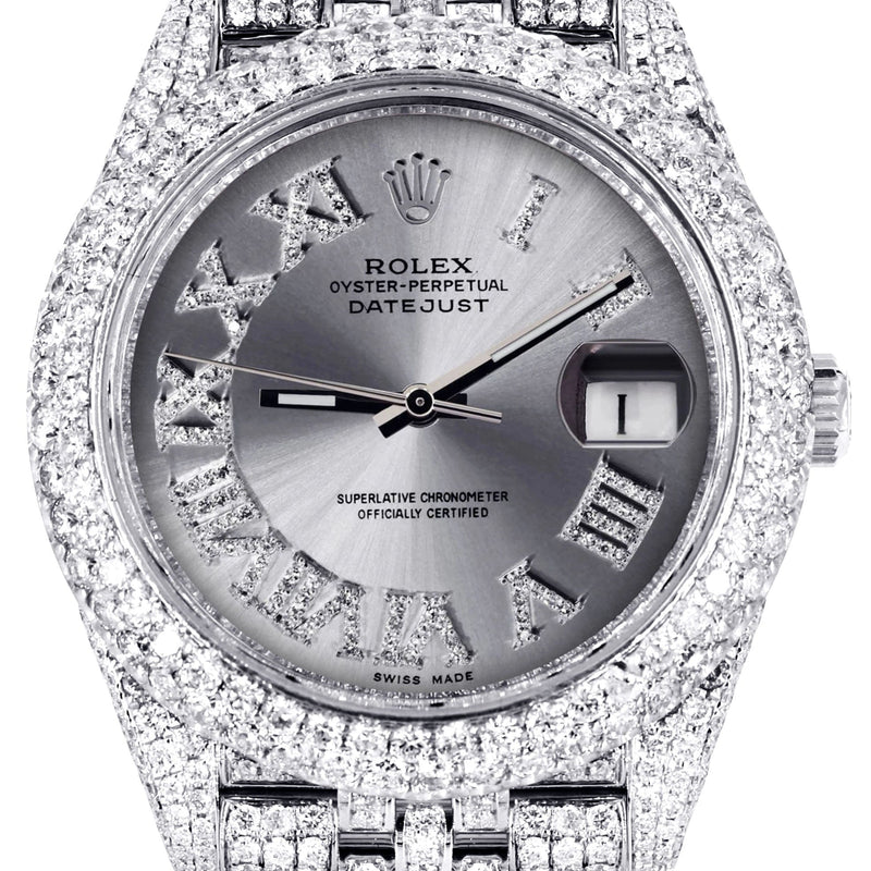Womens Diamond Iced Out Rolex Datejust 41 | 25 Carats Of Diamonds | Custom Silver Roman Numeral Diamond Dial | Two Row | Jubilee Band