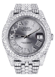 Womens Diamond Iced Out Rolex Datejust 41 | 25 Carats Of Diamonds | Custom Silver Roman Numeral Diamond Dial | Two Row | Jubilee Band