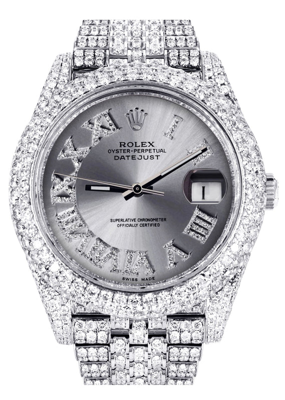 Womens Diamond Iced Out Rolex Datejust 41 | 25 Carats Of Diamonds | Custom Silver Roman Numeral Diamond Dial | Two Row | Jubilee Band