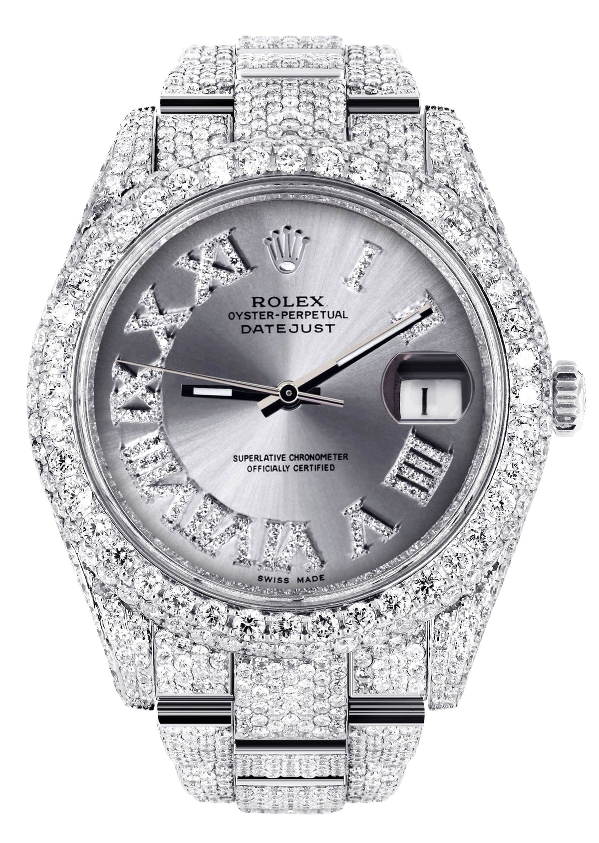 Diamond Iced Out Rolex Datejust 41 | 25 Carats Of Diamonds | Custom Silver Roman Numeral Diamond Dial | Two Row | Oyster Band