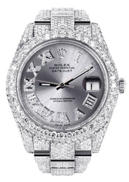 Diamond Iced Out Rolex Datejust 41 | 25 Carats Of Diamonds | Custom Silver Roman Numeral Diamond Dial | Two Row | Oyster Band