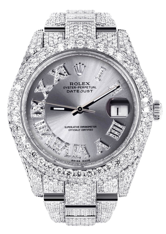 Diamond Iced Out Rolex Datejust 41 | 25 Carats Of Diamonds | Custom Silver Roman Numeral Diamond Dial | Two Row | Oyster Band