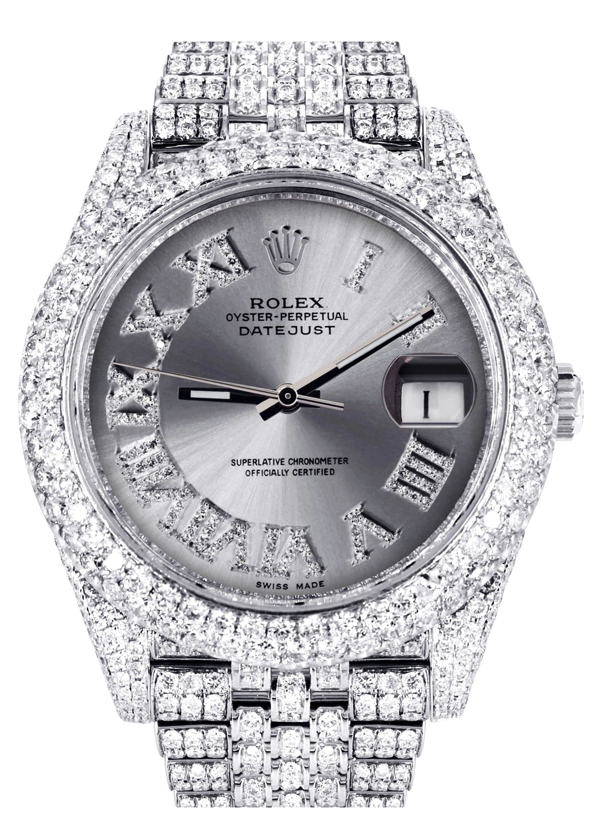 Diamond Iced Out Rolex Datejust 41 | 25 Carats Of Diamonds | Custom Silver Roman Numeral Diamond Dial | Two Row | Jubilee Band