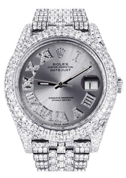 Diamond Iced Out Rolex Datejust 41 | 25 Carats Of Diamonds | Custom Silver Roman Numeral Diamond Dial | Two Row | Jubilee Band
