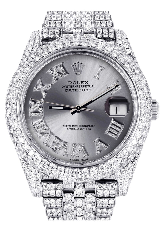 Diamond Iced Out Rolex Datejust 41 | 25 Carats Of Diamonds | Custom Silver Roman Numeral Diamond Dial | Two Row | Jubilee Band